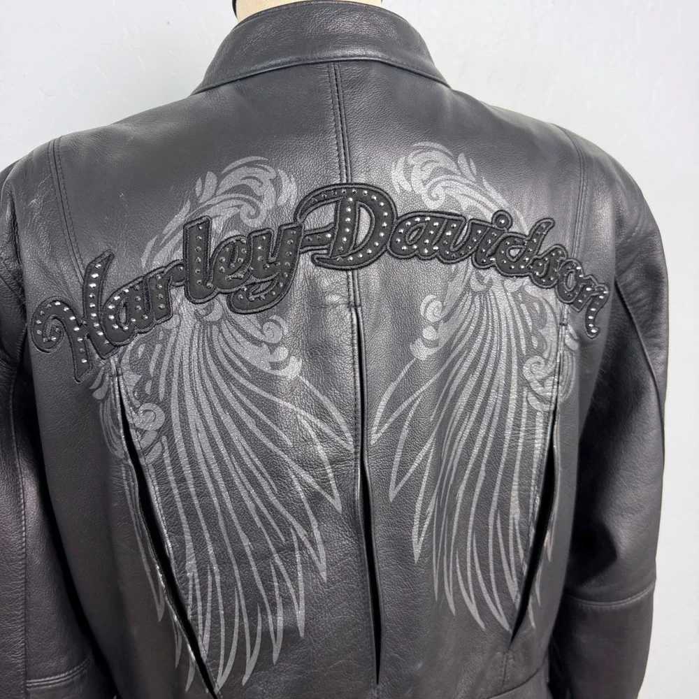 Harley-Davidson Womens Black Leather Studded Wing‎ Motorcycle Jacket Black L